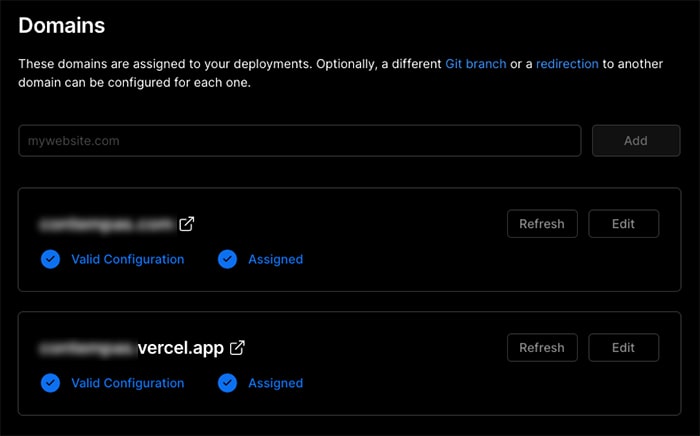 Adding the domain in the Vercel project